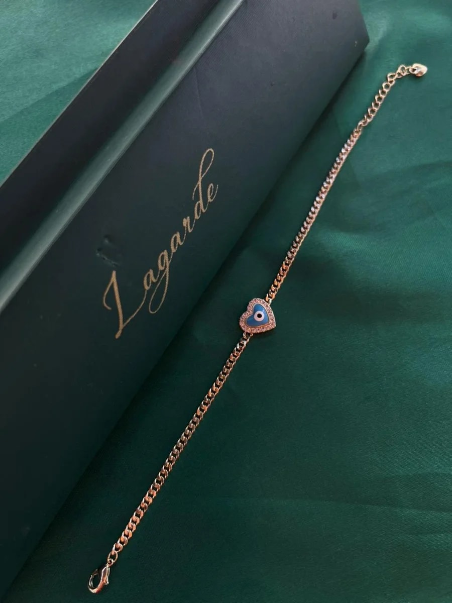 Pulsera Eslabones con Dije Corazón Ojo Turco Chapa de Oro 18k — vista 4