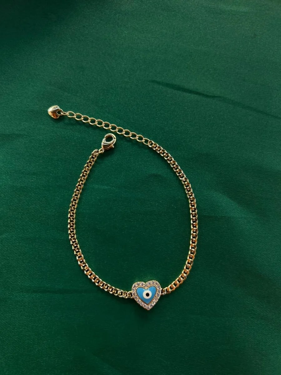 Pulsera Eslabones con Dije Corazón Ojo Turco Chapa de Oro 18k — vista 5