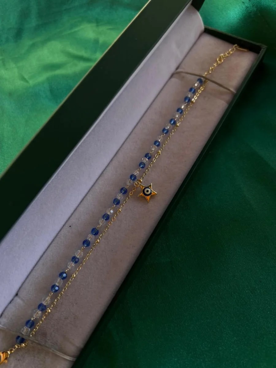 Pulsera Doble con Cuentas Azules y Dije Estrella Chapa de Oro 18k — vista 2