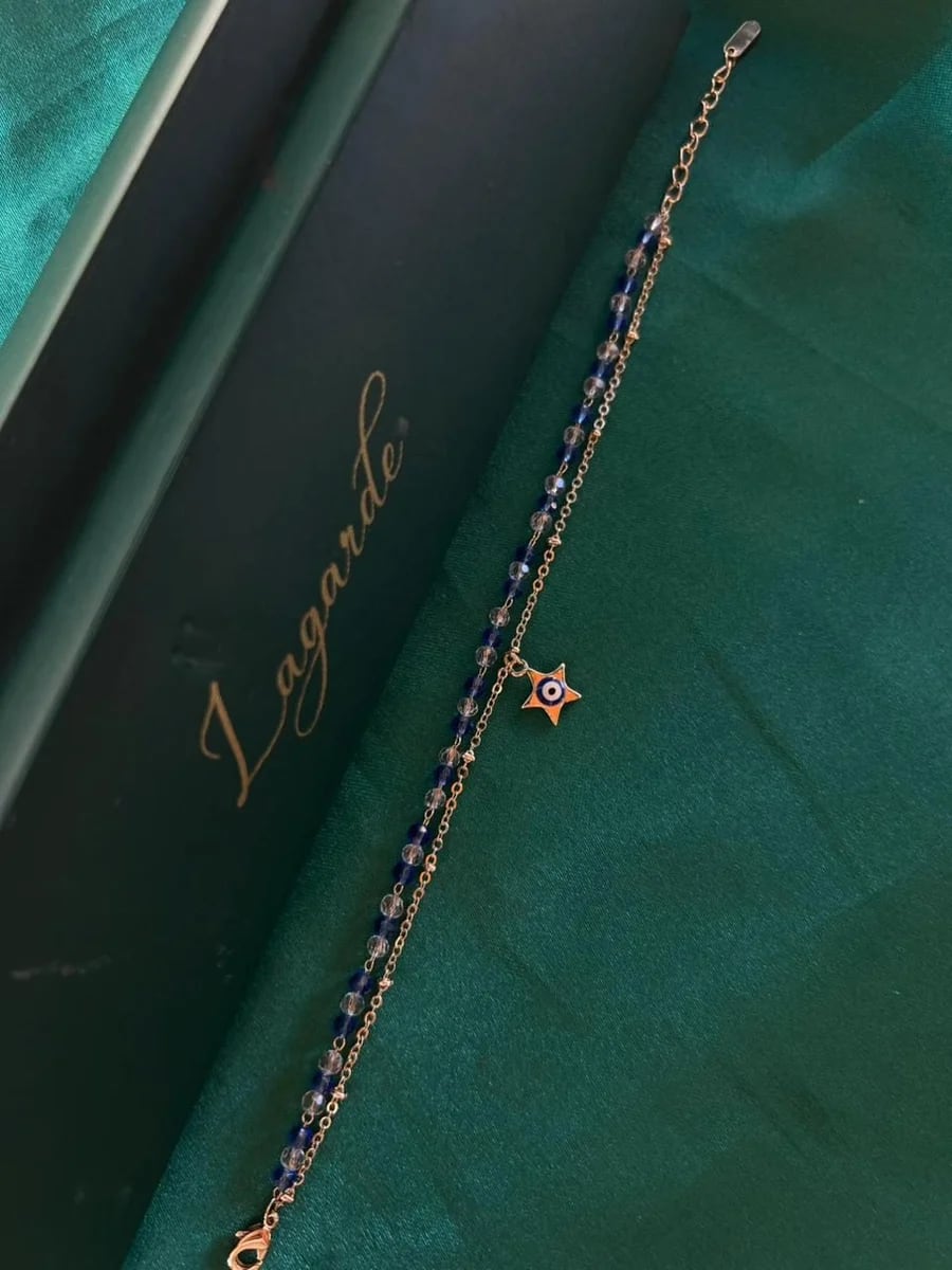 Pulsera Doble con Cuentas Azules y Dije Estrella Chapa de Oro 18k — vista 3