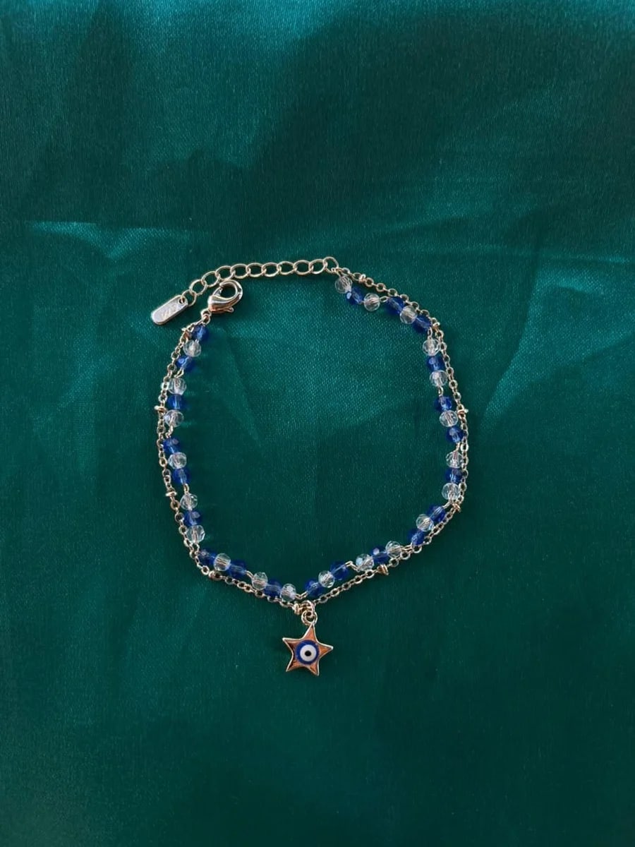 Pulsera Doble con Cuentas Azules y Dije Estrella Chapa de Oro 18k — vista 4