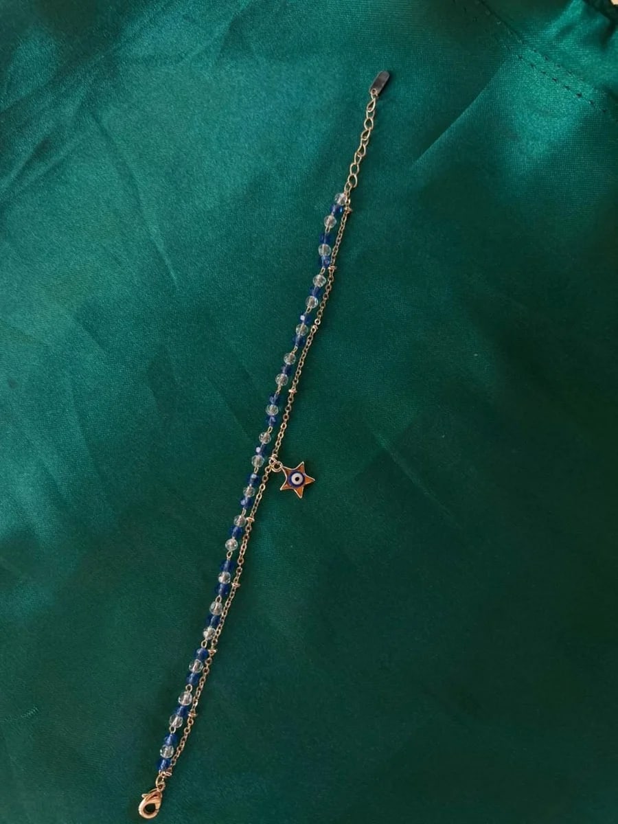 Pulsera Doble con Cuentas Azules y Dije Estrella Chapa de Oro 18k — vista 5