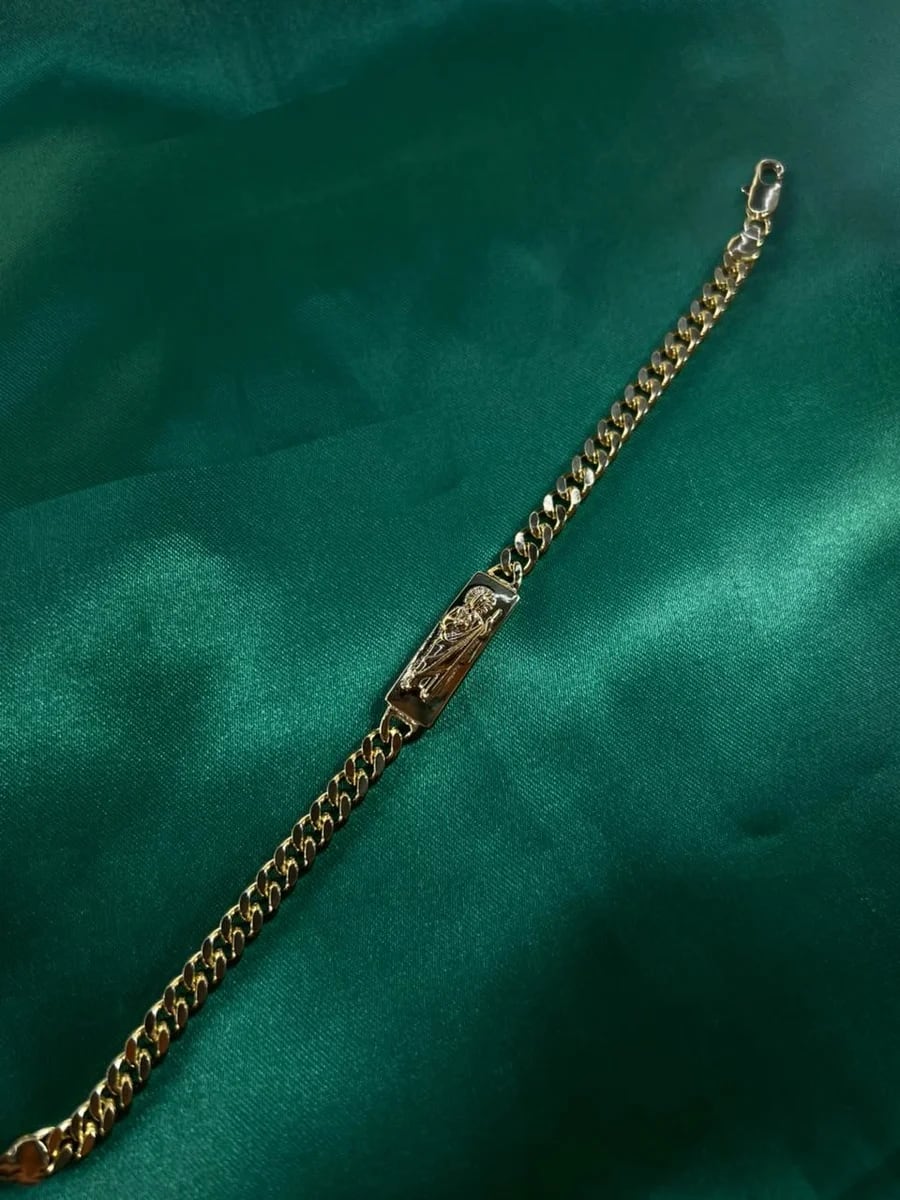 Pulsera Eslabón Cubano con Placa Religiosa Chapa de Oro 18k — vista 3