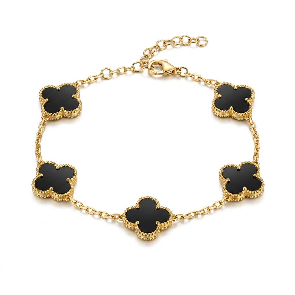 Pulsera Trébol Negro en Cadena Dorada y Acero
