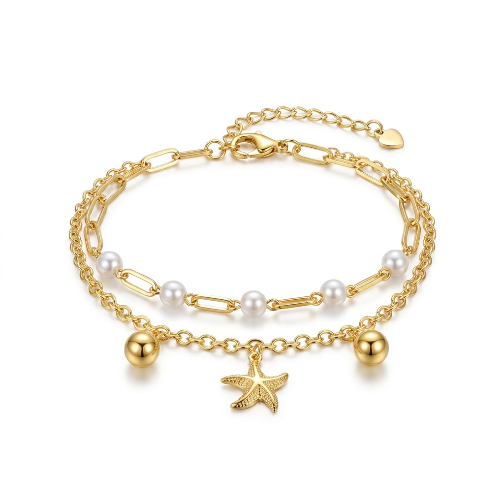 Pulsera Doble Playera en Chapa de Oro 18k con Perlas