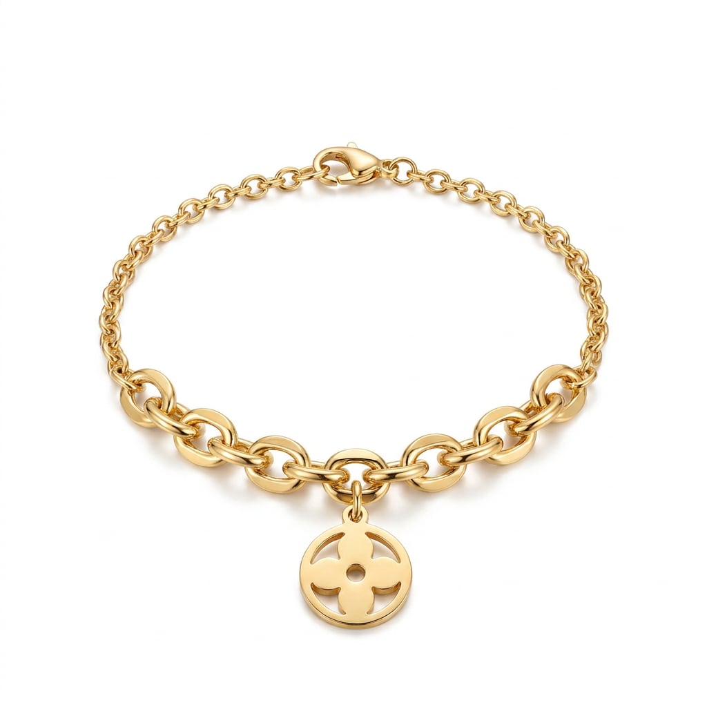 Pulsera eslabon y rueda trebol en Chapa de Oro