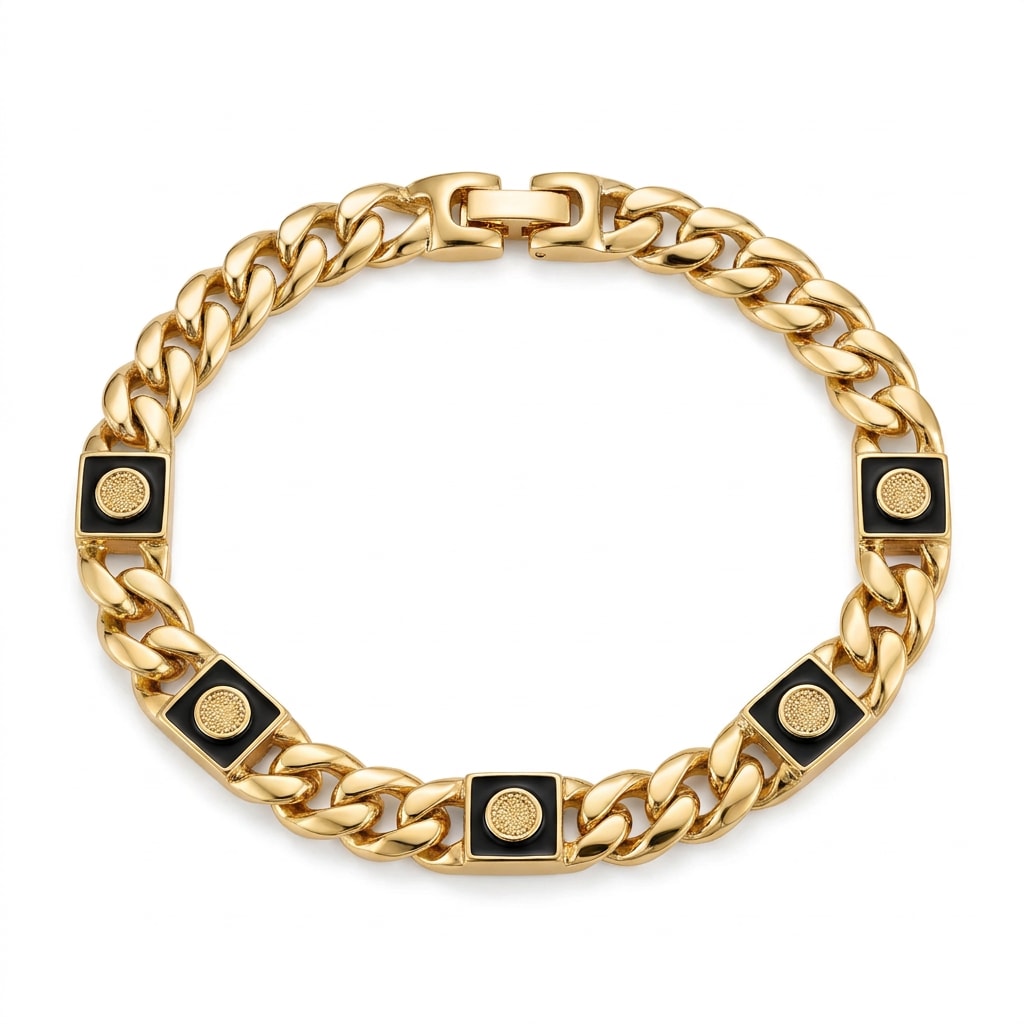 Pulsera Eslabones Cuadrados Negros con Chapa de Oro 18k
