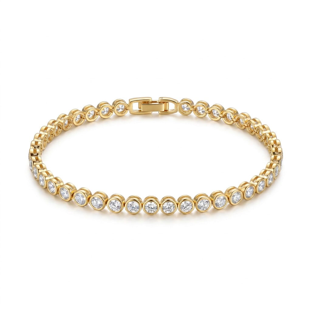 Pulsera Delgada con Circonias Redondas con Bisel en Chapa de Oro 18k