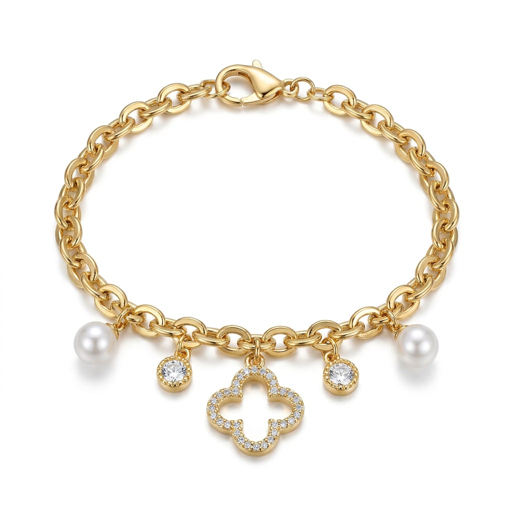 Pulsera Dijes Variados con Perlas en Chapa de Oro 18k
