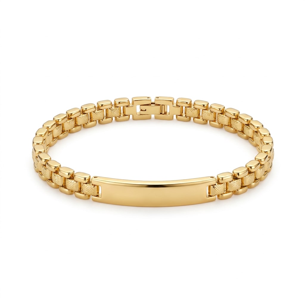 Pulsera de Eslabones Texturizados con Placa Central en Chapa de Oro 18k