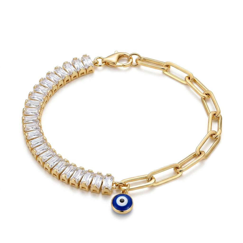 Pulsera Mitad Circonias y Eslabones con Dije Ojo Turco Chapa de Oro 18k