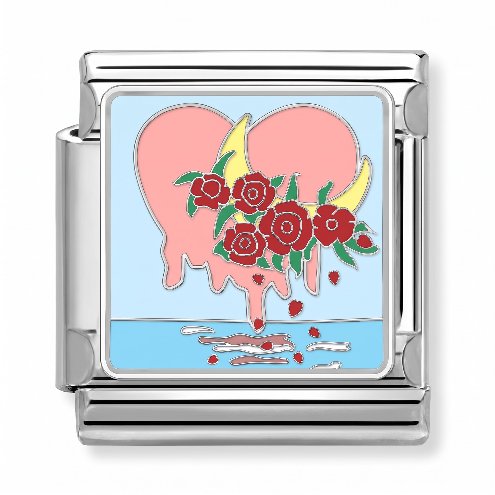 Charm Italiano Corazón con Rosas y Luna Plateado