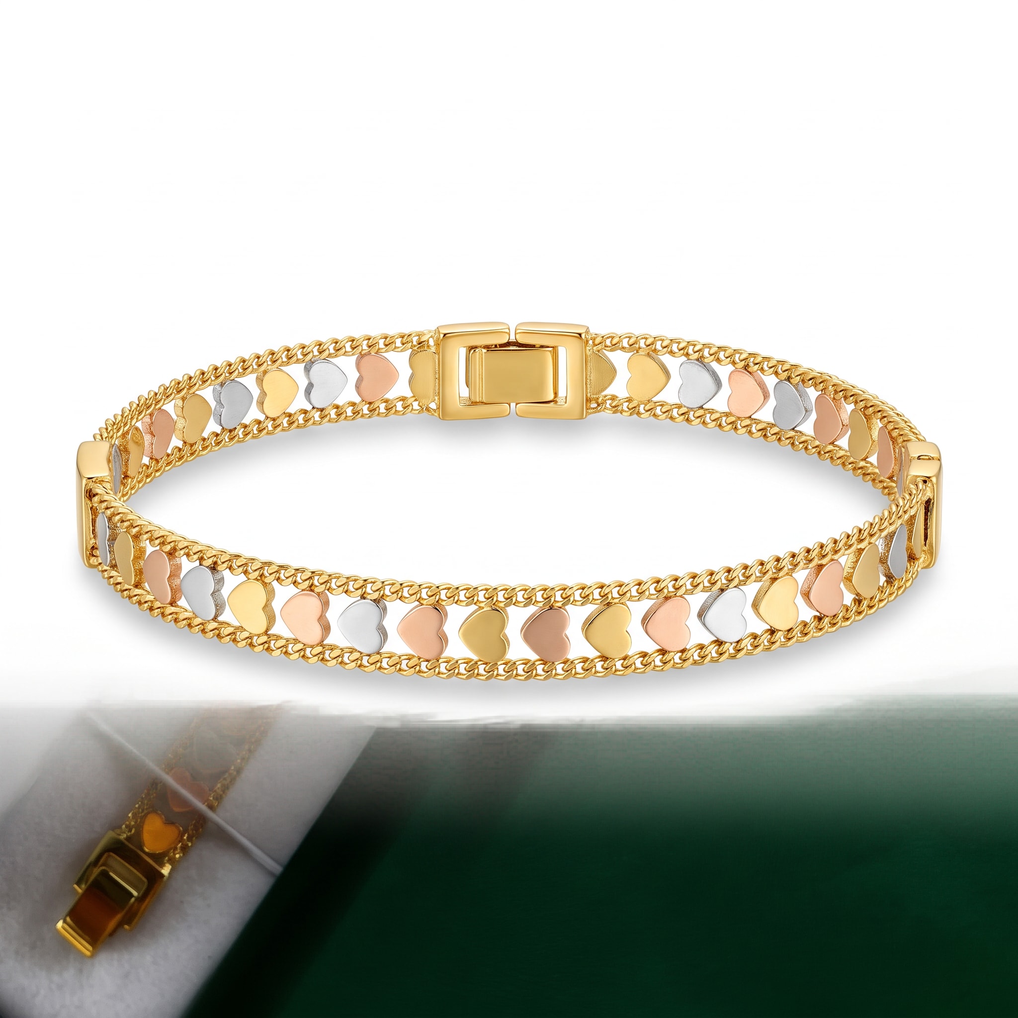 Pulsera Corazones Tricolor en Chapa de Oro 18k