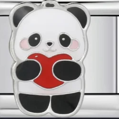 Charm Italiano Panda Abrazando Corazón Rojo Colgante Plateado