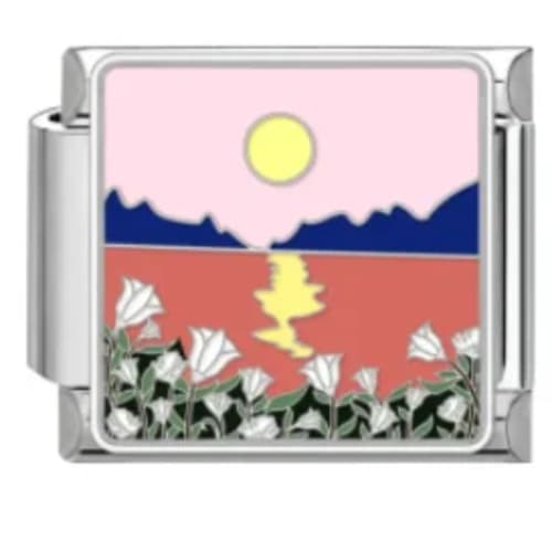 Charm Italiano Paisaje de Atardecer y Flores Plateado