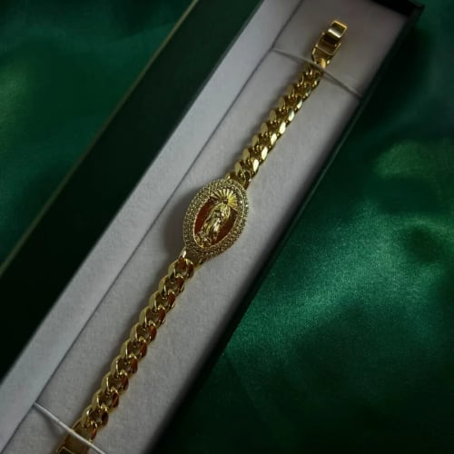 Pulsera Eslabón Cubano con Medalla Virgen en Chapa de Oro 18k