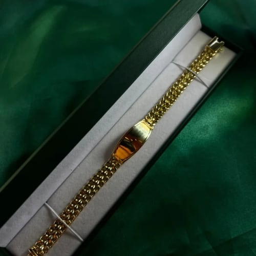 Pulsera Doble Cadena con Placa Pulida Chapa de Oro 18k
