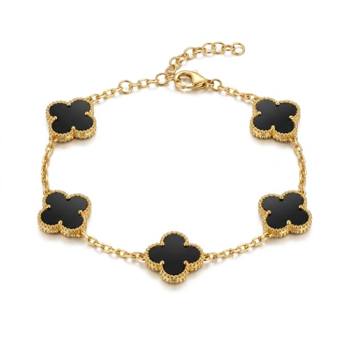 Pulsera Trébol Negro en Cadena Dorada y Acero