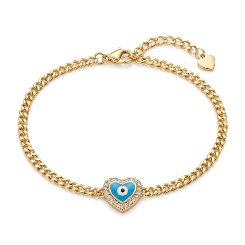 Pulsera Eslabones con Dije Corazón Ojo Turco Chapa de Oro 18k