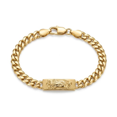 Pulsera Eslabón Cubano con Placa Religiosa Chapa de Oro 18k