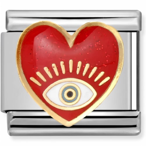 Charm Italiano Corazón Ojo con Esmalte Rojo Plateado