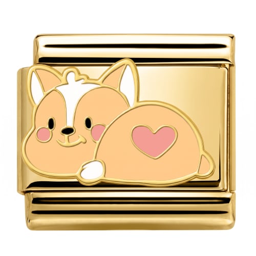 Charm Italiano Corgi con Corazón Rosado Dorado