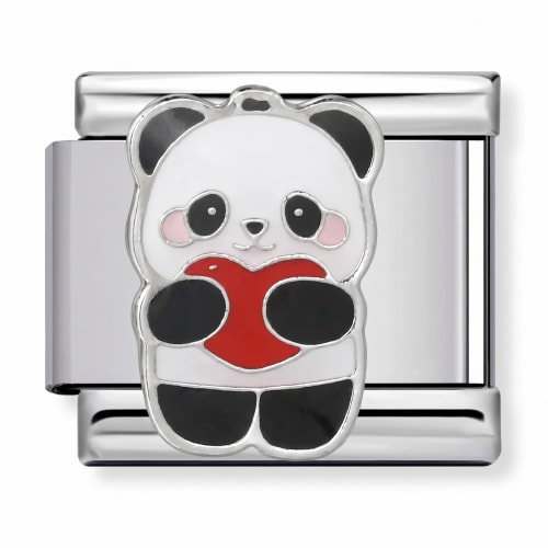 Charm Italiano Panda Abrazando Corazón Rojo Colgante Plateado