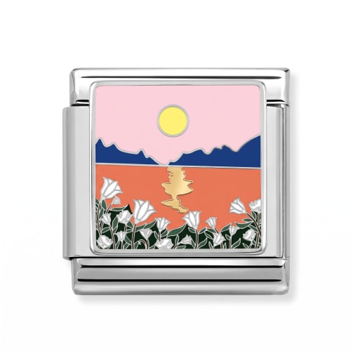 Charm Italiano Paisaje de Atardecer y Flores Plateado