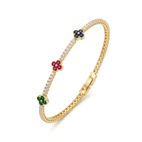 Pulsera Tipo Tenis con Tréboles Chapa de Oro 18k
