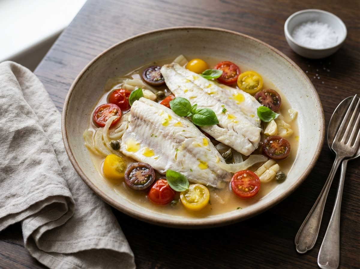 Acqua Pazza Poached Branzino with Fennel and Heirloom Tomatoes