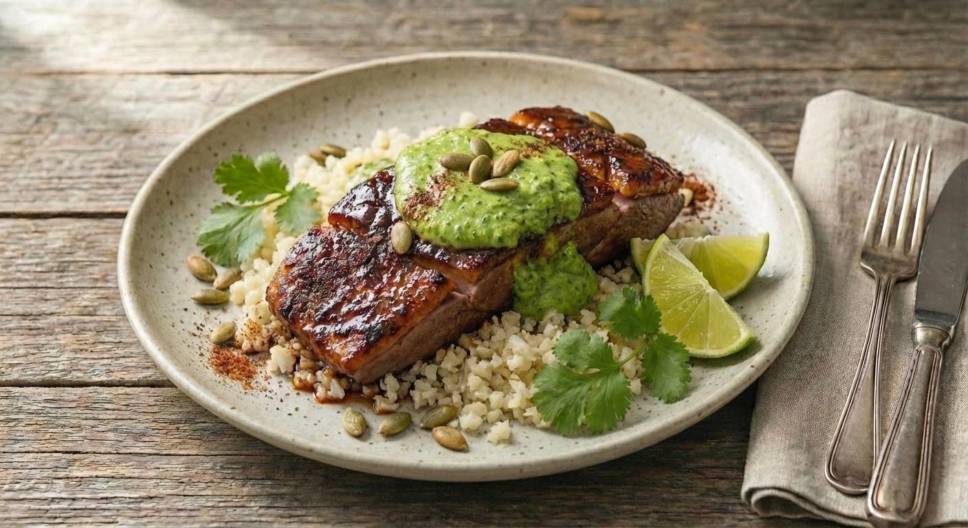 Ancho-Rubbed Chilean Sea Bass with Avocado Crema & Cauliflower Arroz Verde