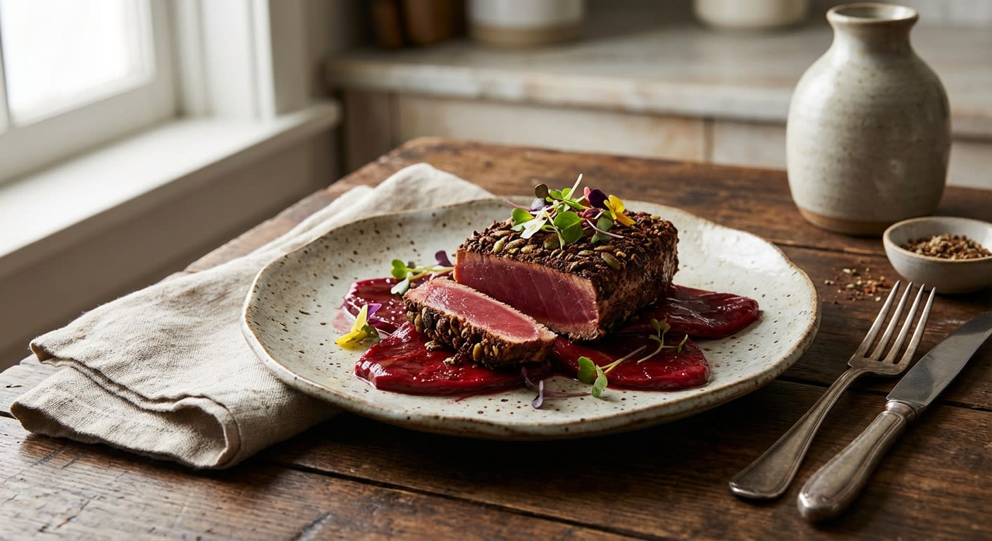 Cacao & Pepita Crusted Ahi Tuna with Hibiscus-Glazed Nopales