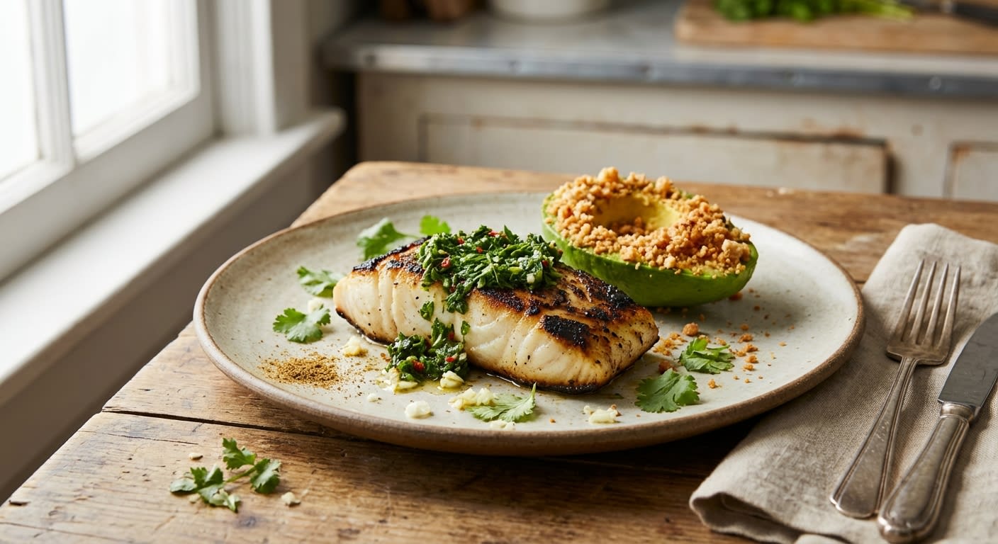 Charred Mexican Sea Bass with Chicharrón-Crusted Avocado
