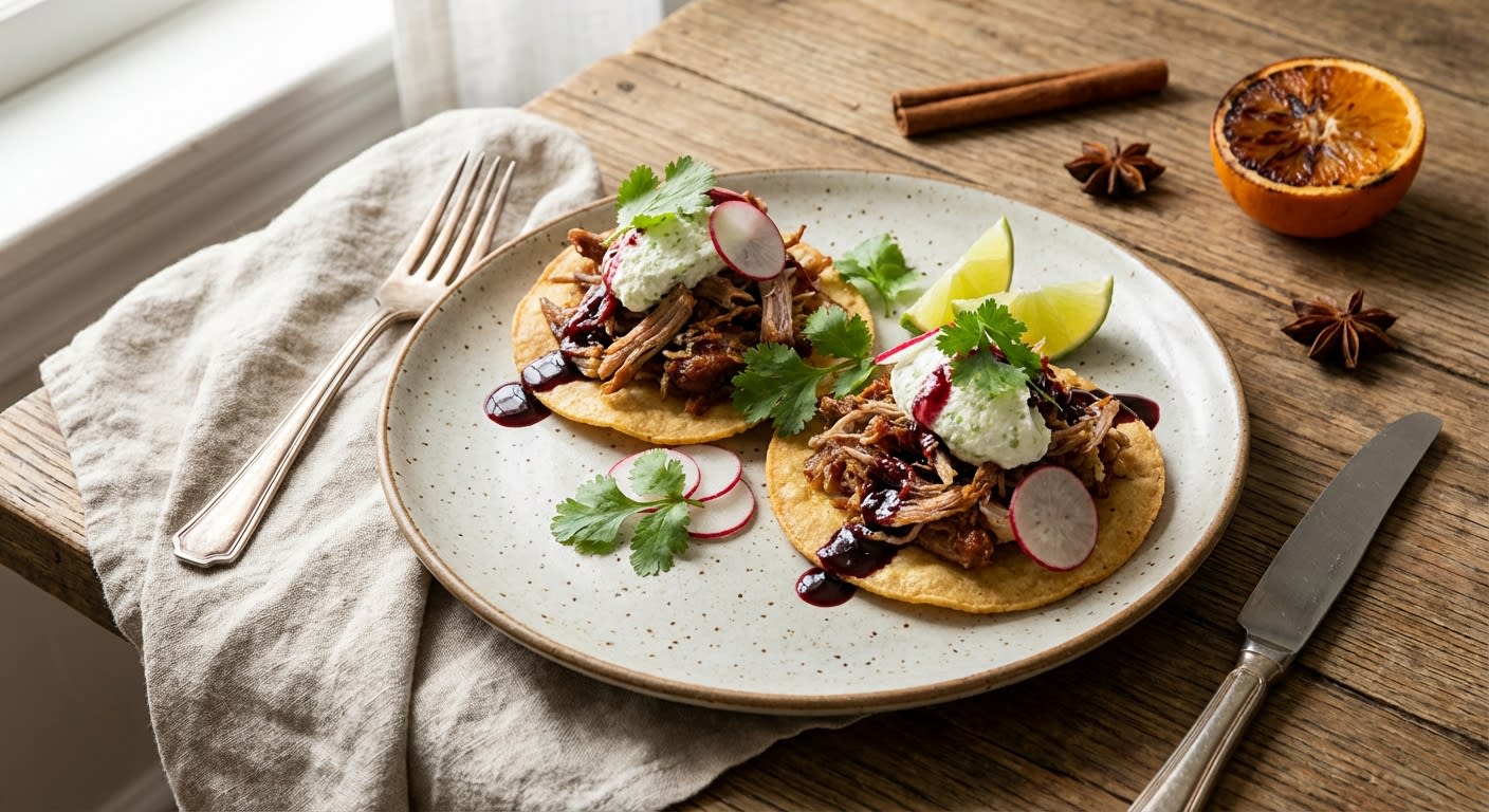 Crispy Duck Carnitas Tostadas with Hibiscus Gastrique & Lime-Whipped Chèvre