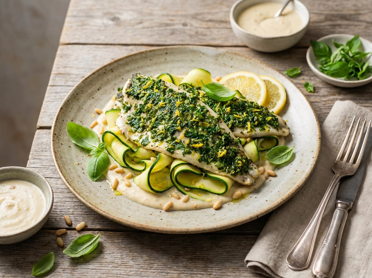 Ligurian-Style Herb-Crusted Branzino with Zucchini Ribbons & Pine Nut Emulsion
