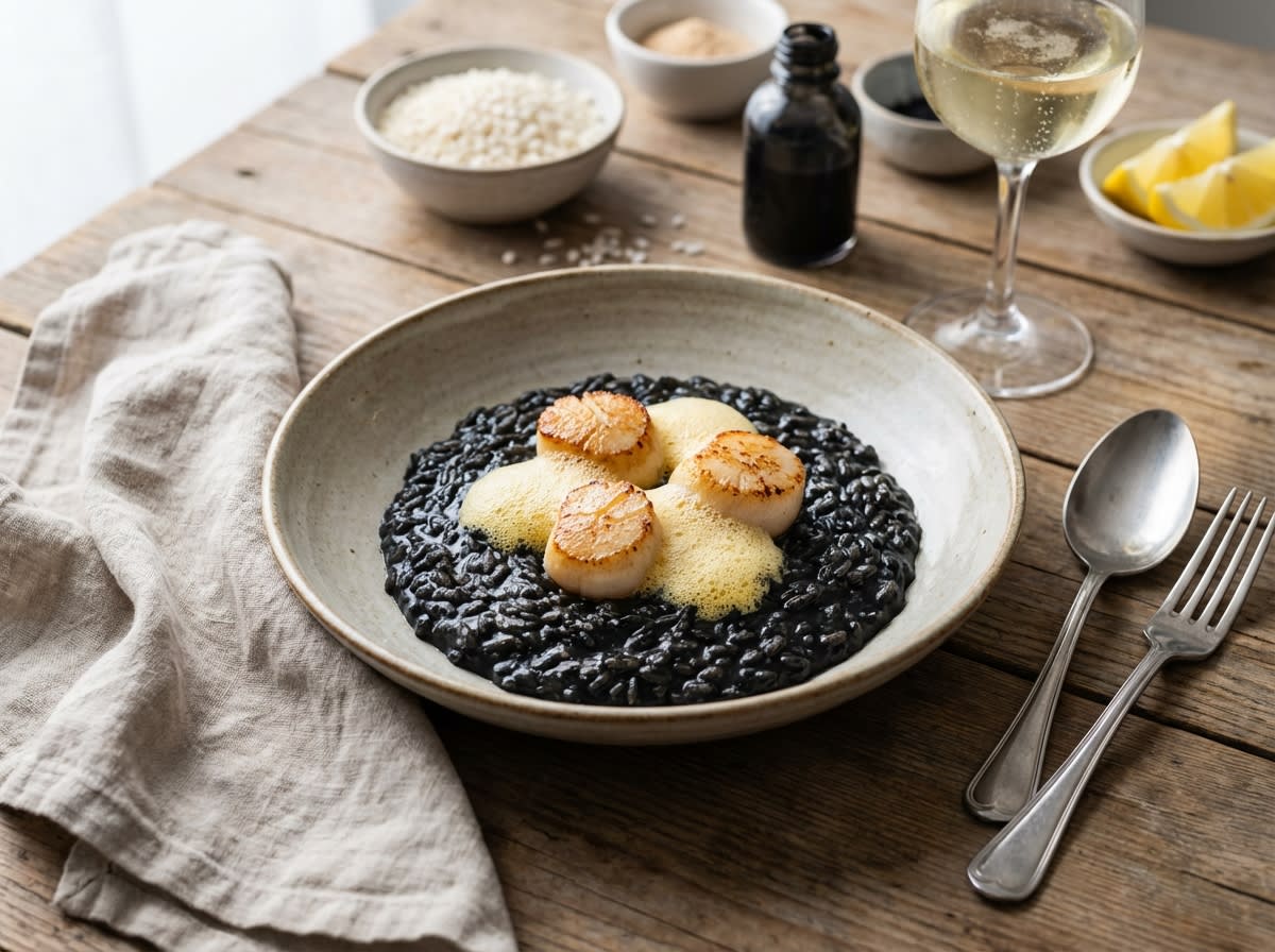 Midnight Risotto with Pan-Seared Scallops & Saffron Foam