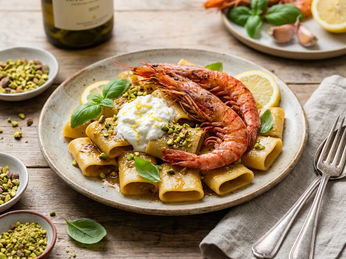 Paccheri with Mazara Red Prawns, Pistachio of Bronte, and Burrata Emulsion