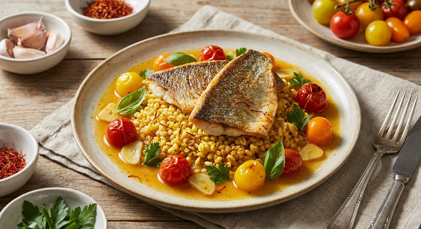 Pan-Seared Orata with Saffron-Infused Farro and Heirloom "Acqua Pazza"