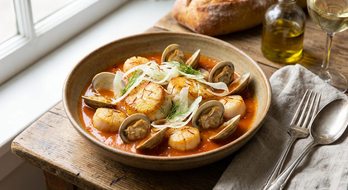 Saffron-Infused Wild Sea Bass and Shellfish Brodetto