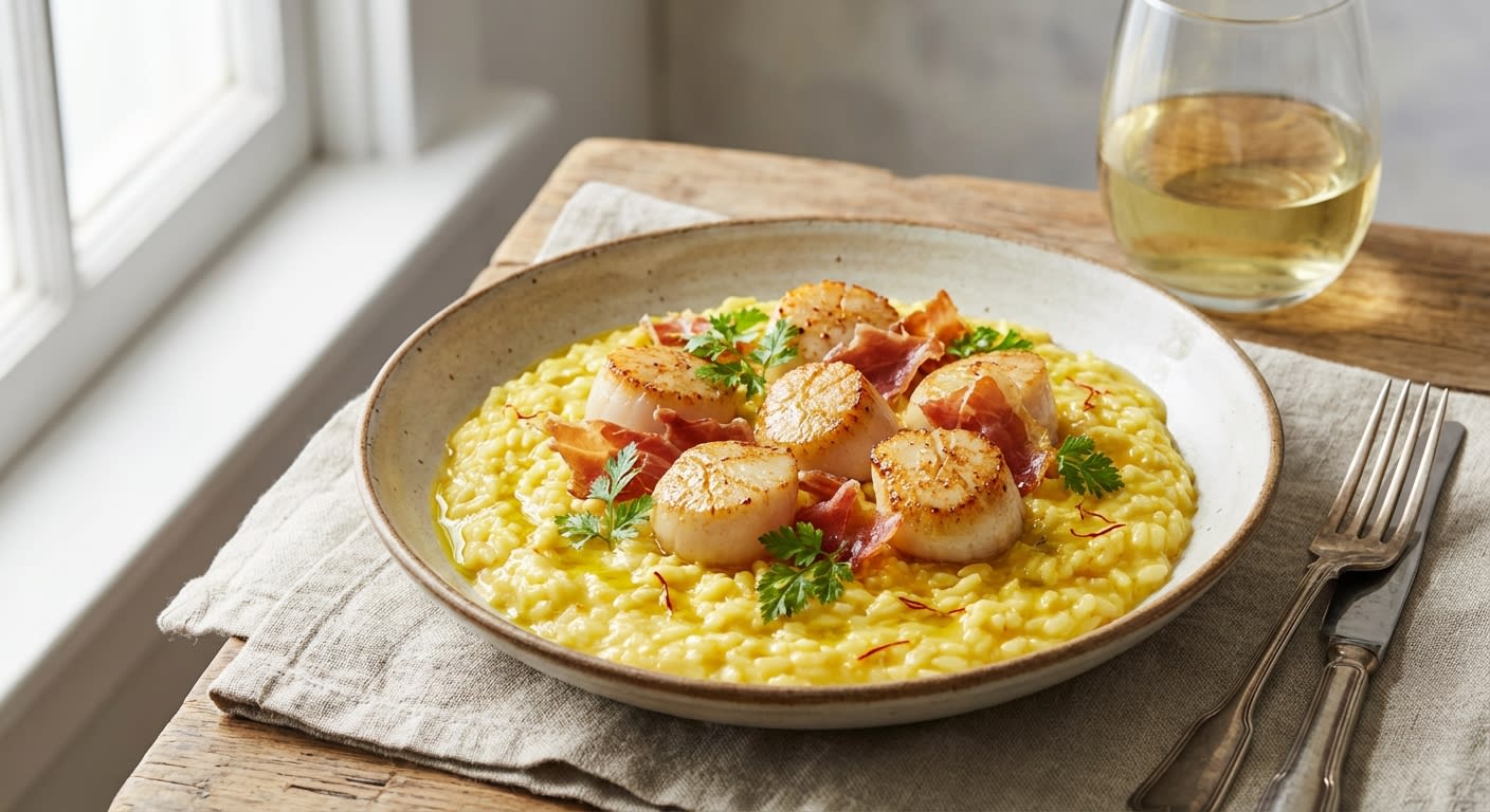 Saffron Risotto Oro with Diver Scallops & Crispy Prosciutto