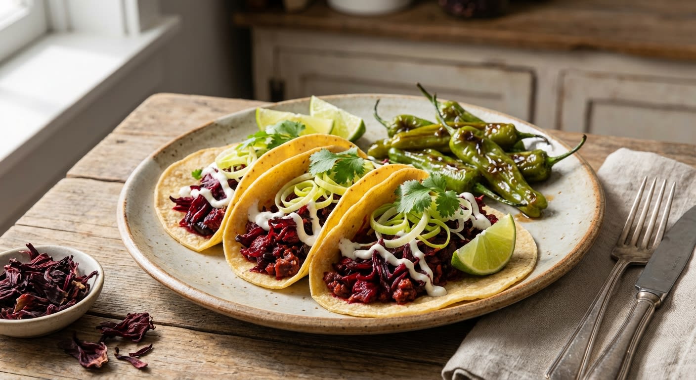 Smoked Chipotle-Hibiscus Tacos with Agave-Glazed Shishito Peppers