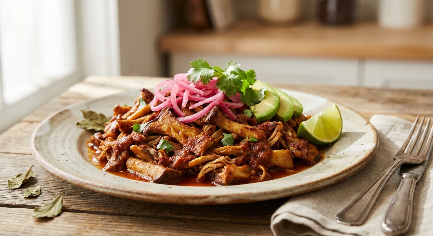 Smoky King Oyster Mushroom "Carnitas" with Hibiscus-Pickled Onions