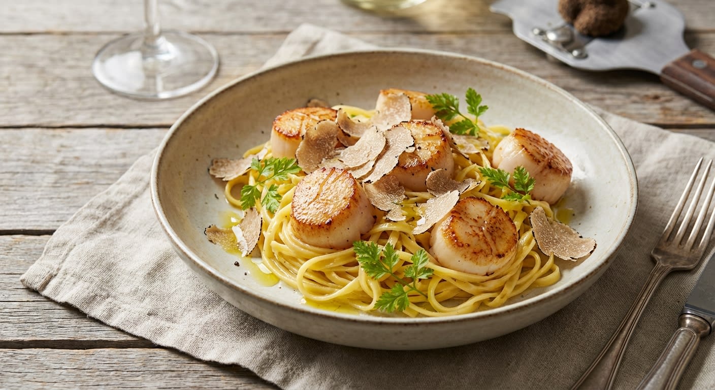 Tagliolini al Tartufo Bianco con Capesante Scottate
