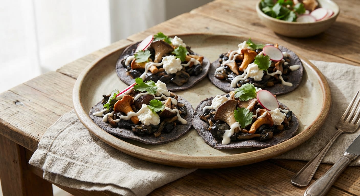Truffled Huitlacoche & Wild Mushroom Tostadas with Whipped Goat Cheese