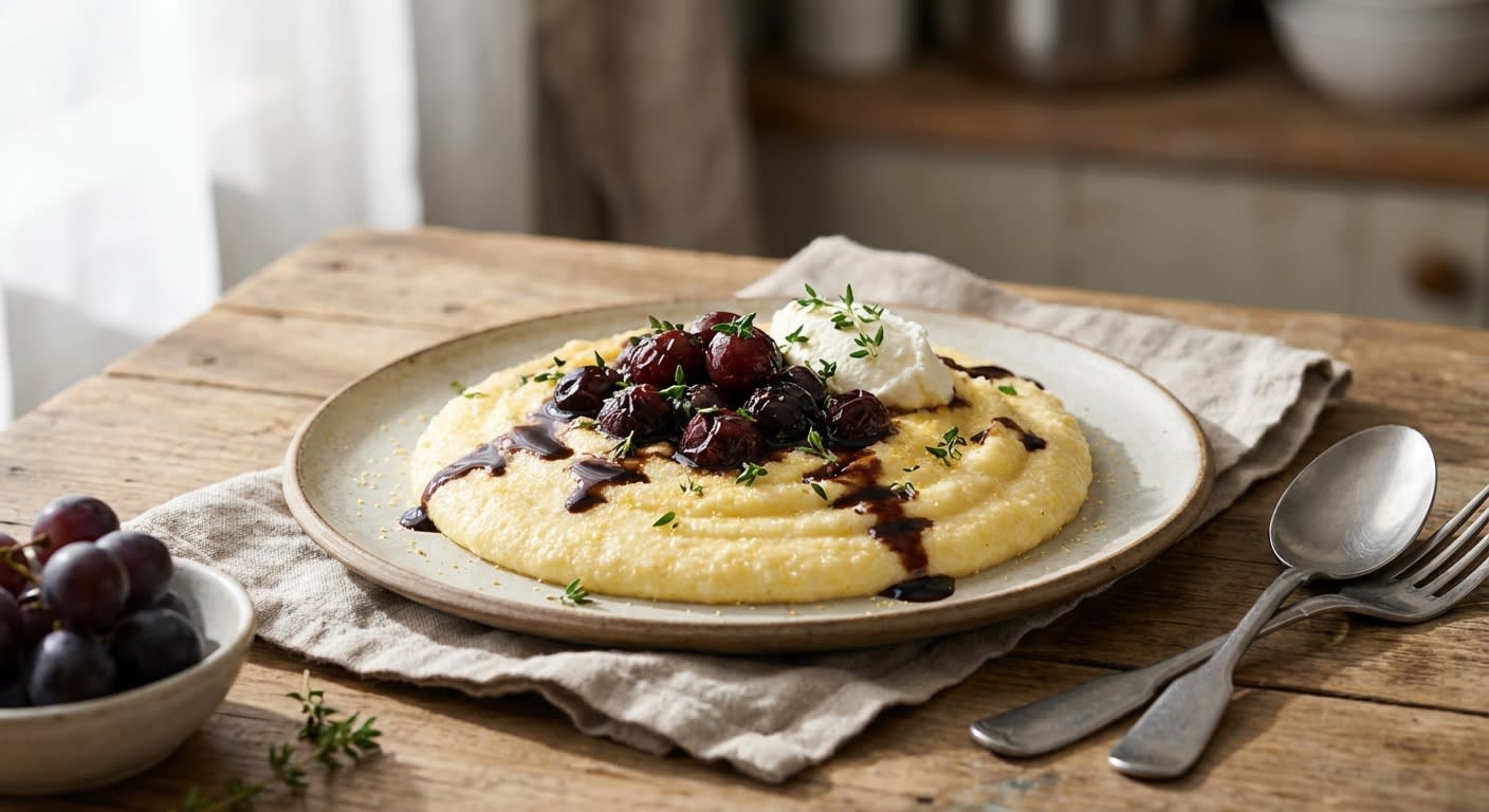 Truffled Mascarpone Polenta with Balsamic-Roasted Grapes