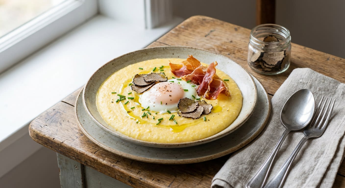 Truffled Polenta Breakfast Bowl with Crispy Prosciutto & 63-Degree Egg
