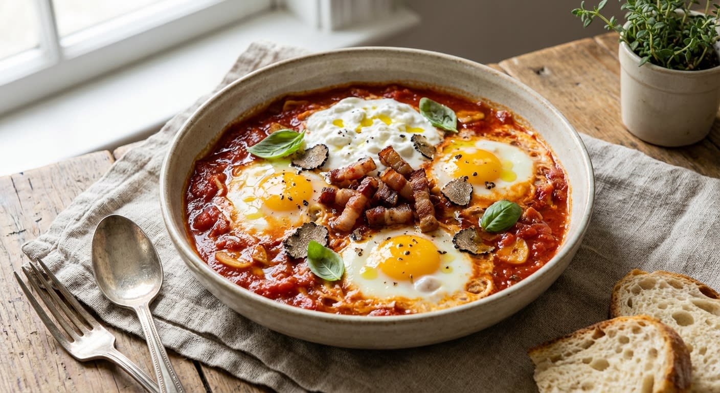 Truffled Uova in Purgatorio with Stracciatella and Crispy Guanciale