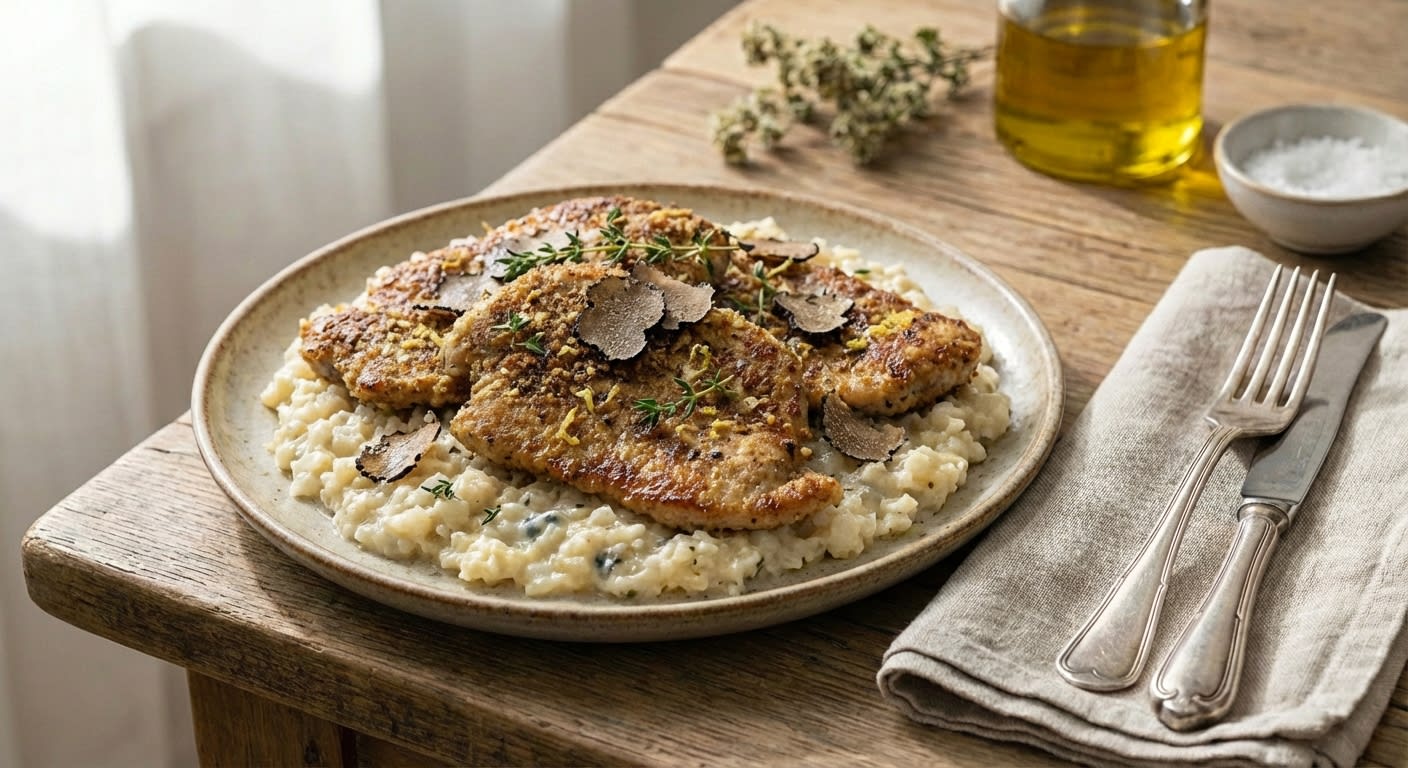 Wild Mushroom & Black Truffle Crusted Veal Scaloppine with Gorgonzola Cauliflower Risotto