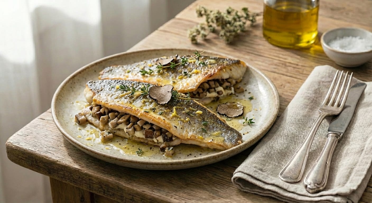 Wild Mushroom & Mascarpone Stuffed Branzino with Truffle-Lemon Ghee