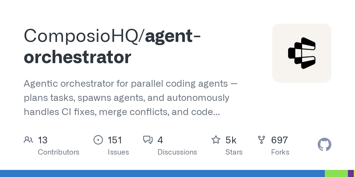 Agentic orchestrator for parallel coding agents — plans tasks, spawns agents, and autonomously handles CI    fixes, merge conflicts, and code reviews.
